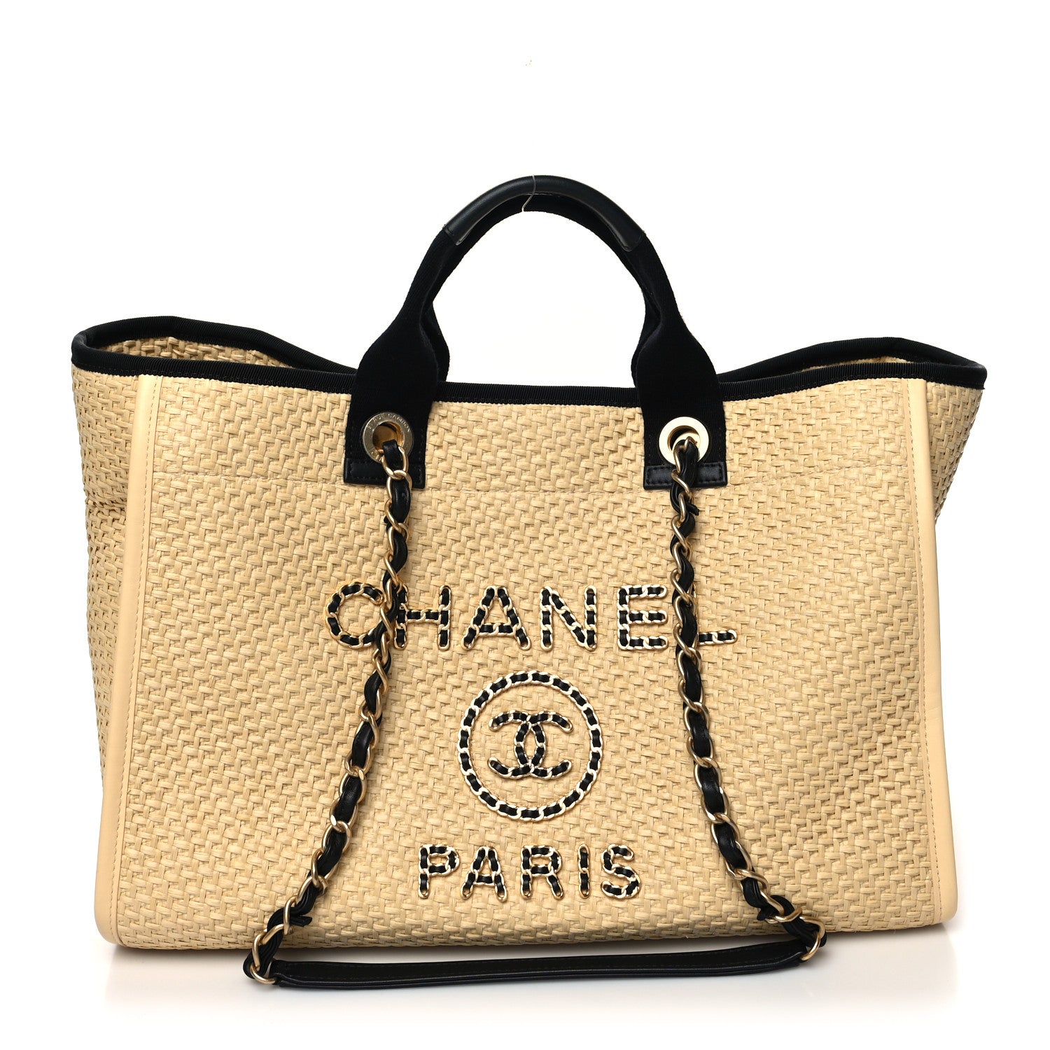 Chanel Straw Raffia Calfskin Chain Medium Deauville Tote Beige Black 1 of 12