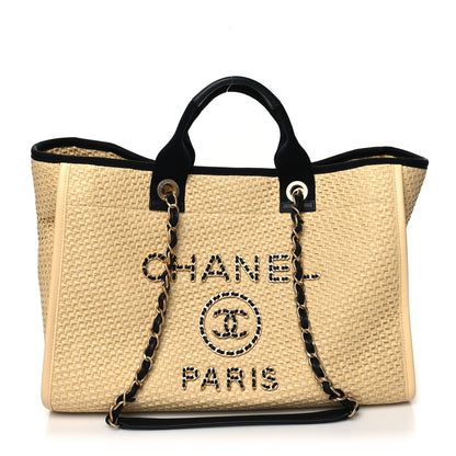 Chanel Straw Raffia Calfskin Chain Medium Deauville Tote Beige Black 1 of 12