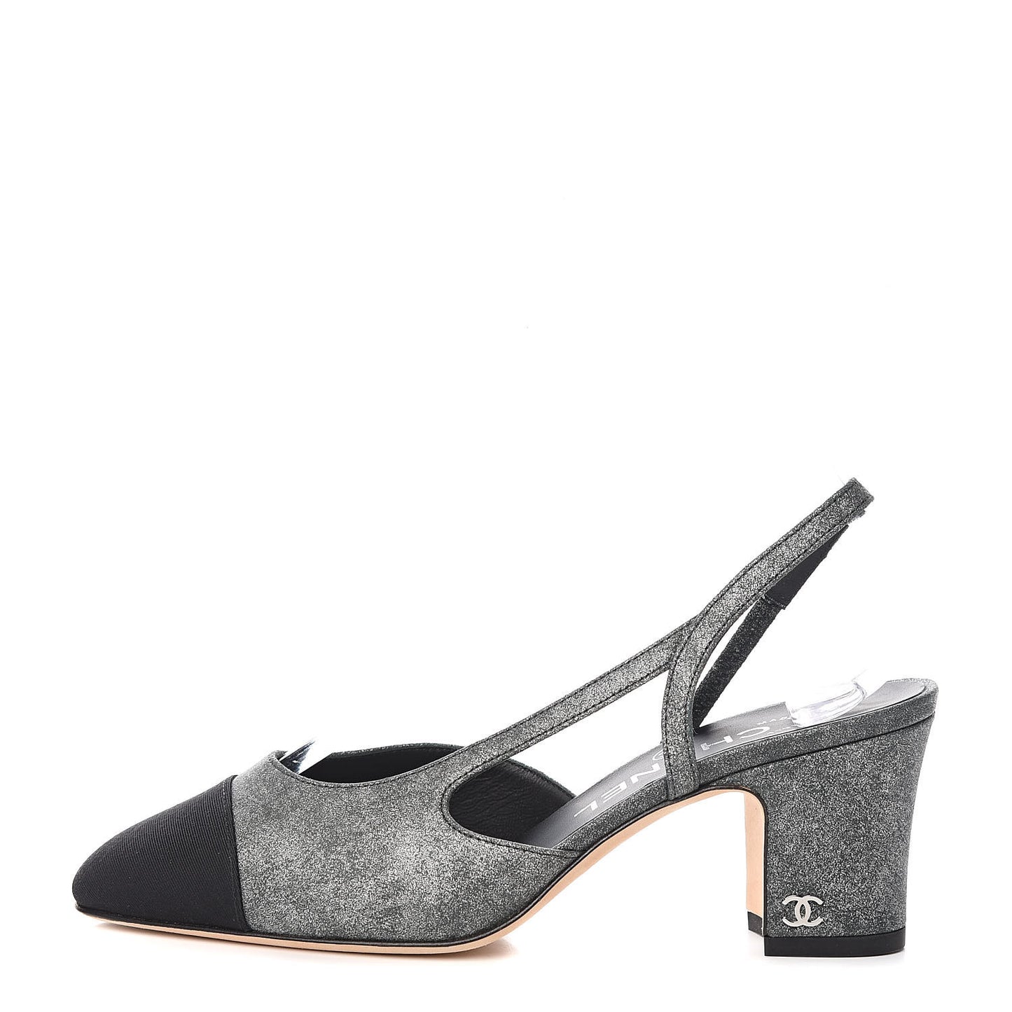 Lambskin Grosgrain Cap Toe CC Slingback Sandals 35 Black Silver
