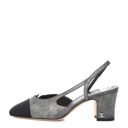 Chanel Lambskin Grosgrain Cap Toe CC Slingback Sandals 35 Black Silver 1 of 10