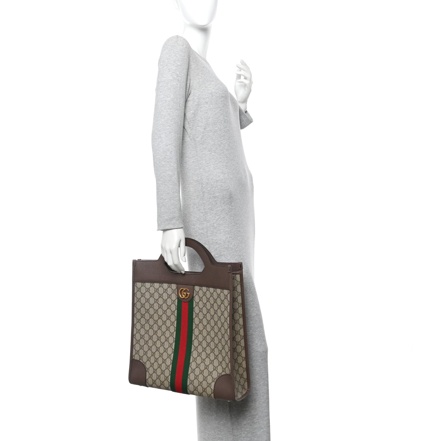 GG Supreme Monogram Textured Calfskin Web Medium Ophidia Slip Handle Tote Beige Ebony New Acero