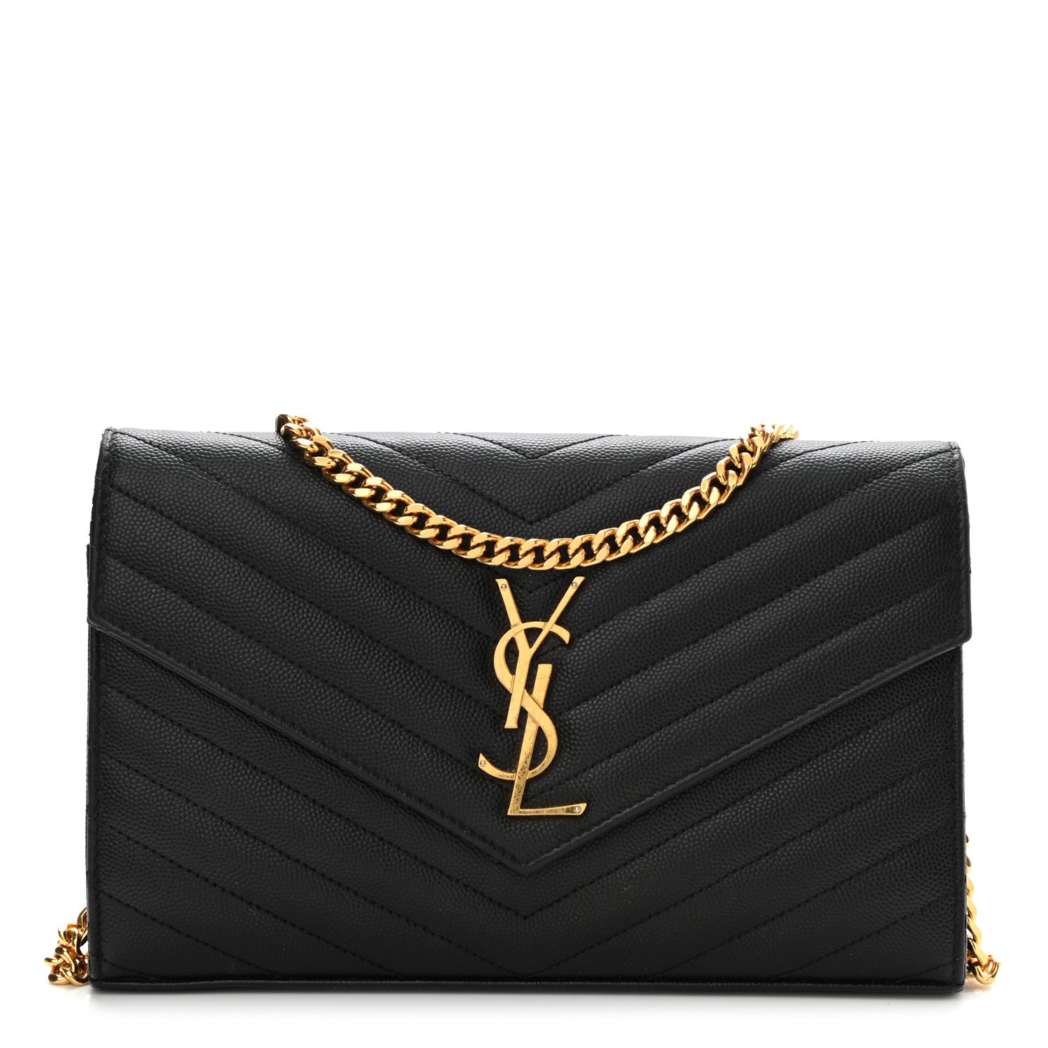 Saint Laurent Grain De Poudre Matelasse Chevron Monogram Chain Wallet Black 1 of 9