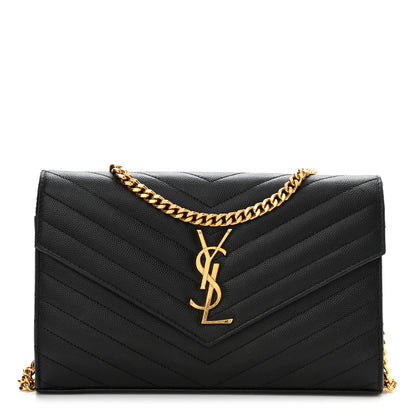 Saint Laurent Grain De Poudre Matelasse Chevron Monogram Chain Wallet Black 1 of 9