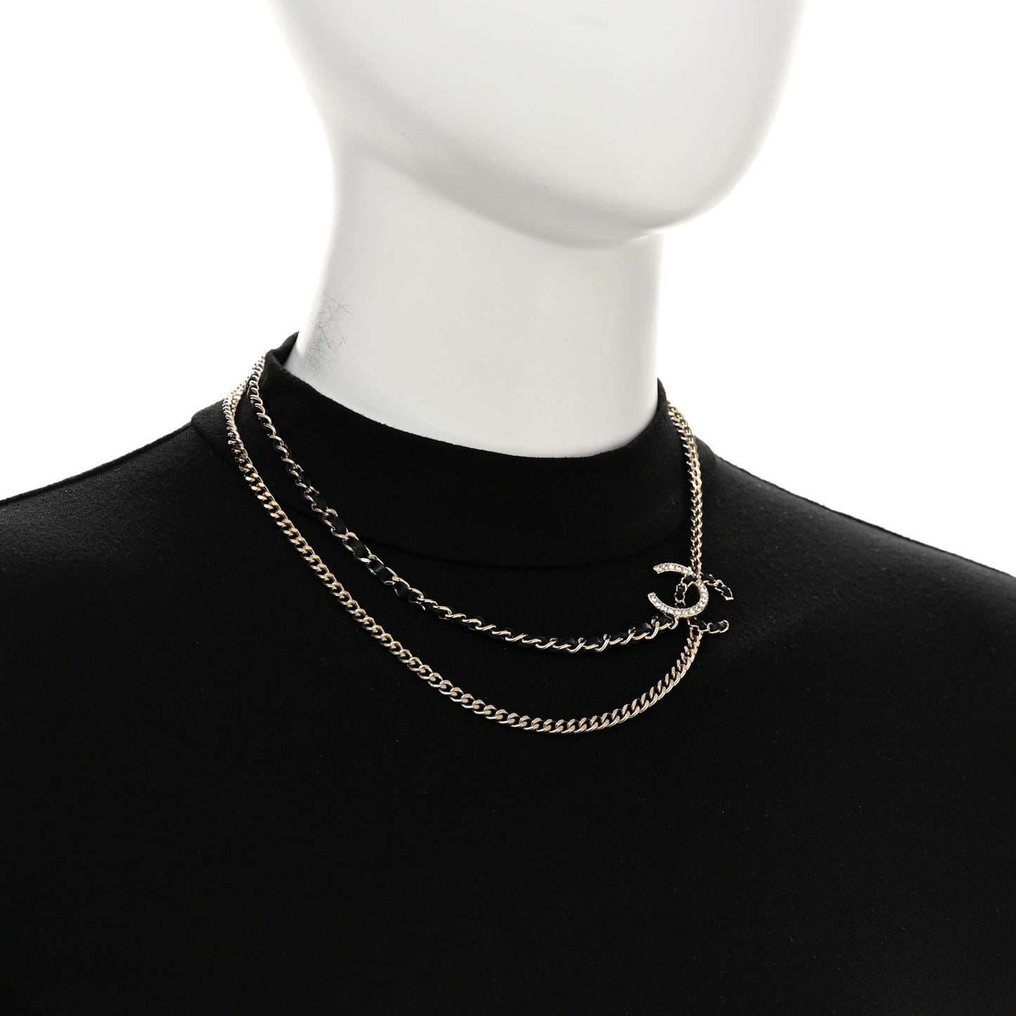 Metal Calfskin Crystal CC Chain Necklace Black Gold
