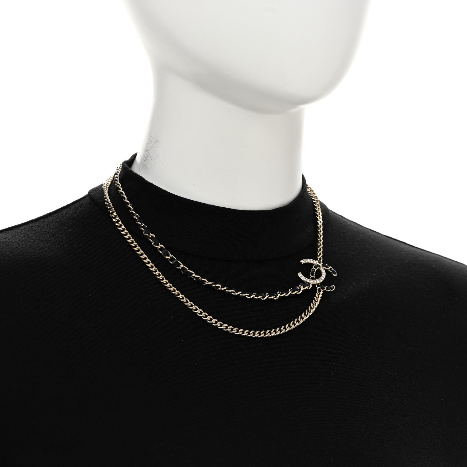 Chanel Metal Calfskin Crystal CC Chain Necklace Black Gold 2 of 7