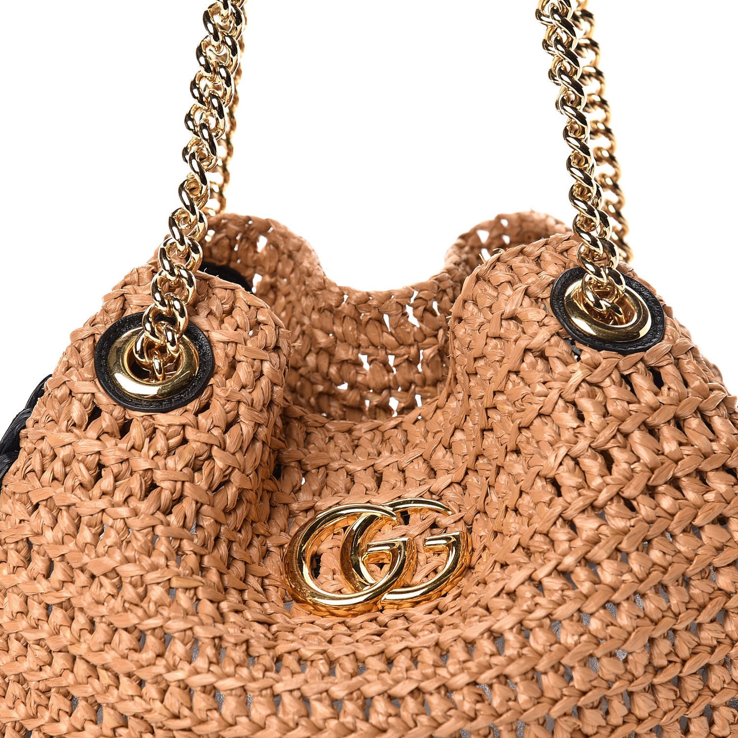 Raffia Effect Medium GG Marmont Shoulder Tote Bag Natural Black