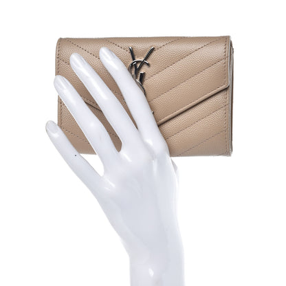 Saint Laurent Grain De Poudre Matelasse Chevron Small Monogram Envelope Wallet Dark Beige 2 of 7