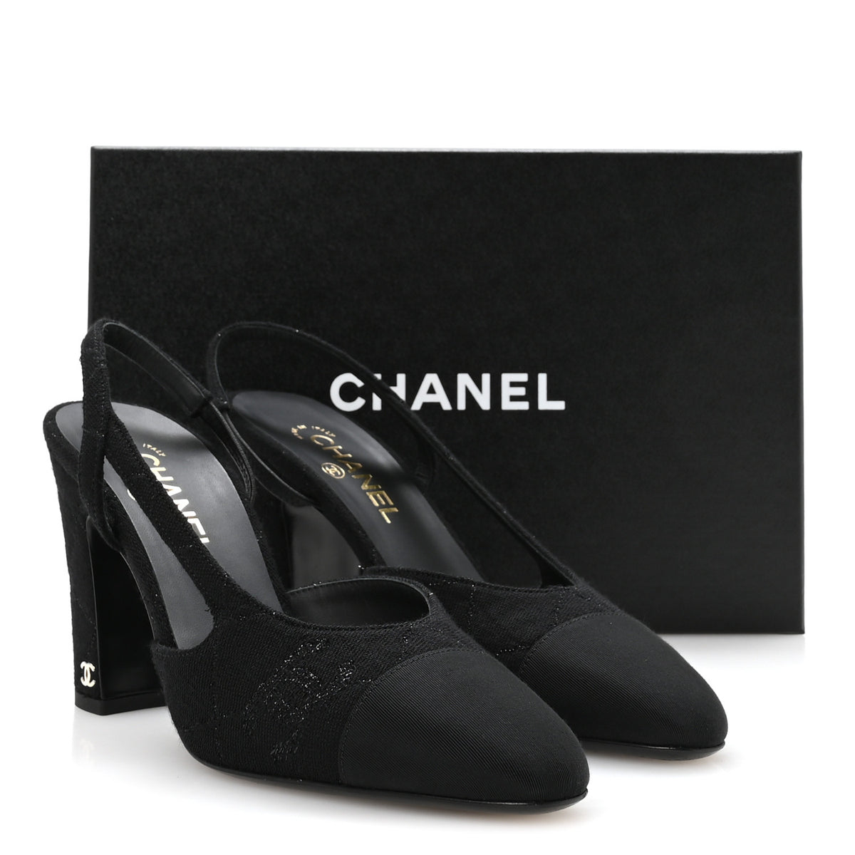 Wool Grosgrain Cap Toe CC Slingback Pumps 41 Black