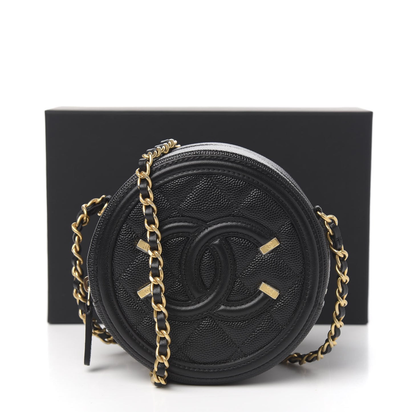 Caviar Quilted Round Filigree Crossbody Black
