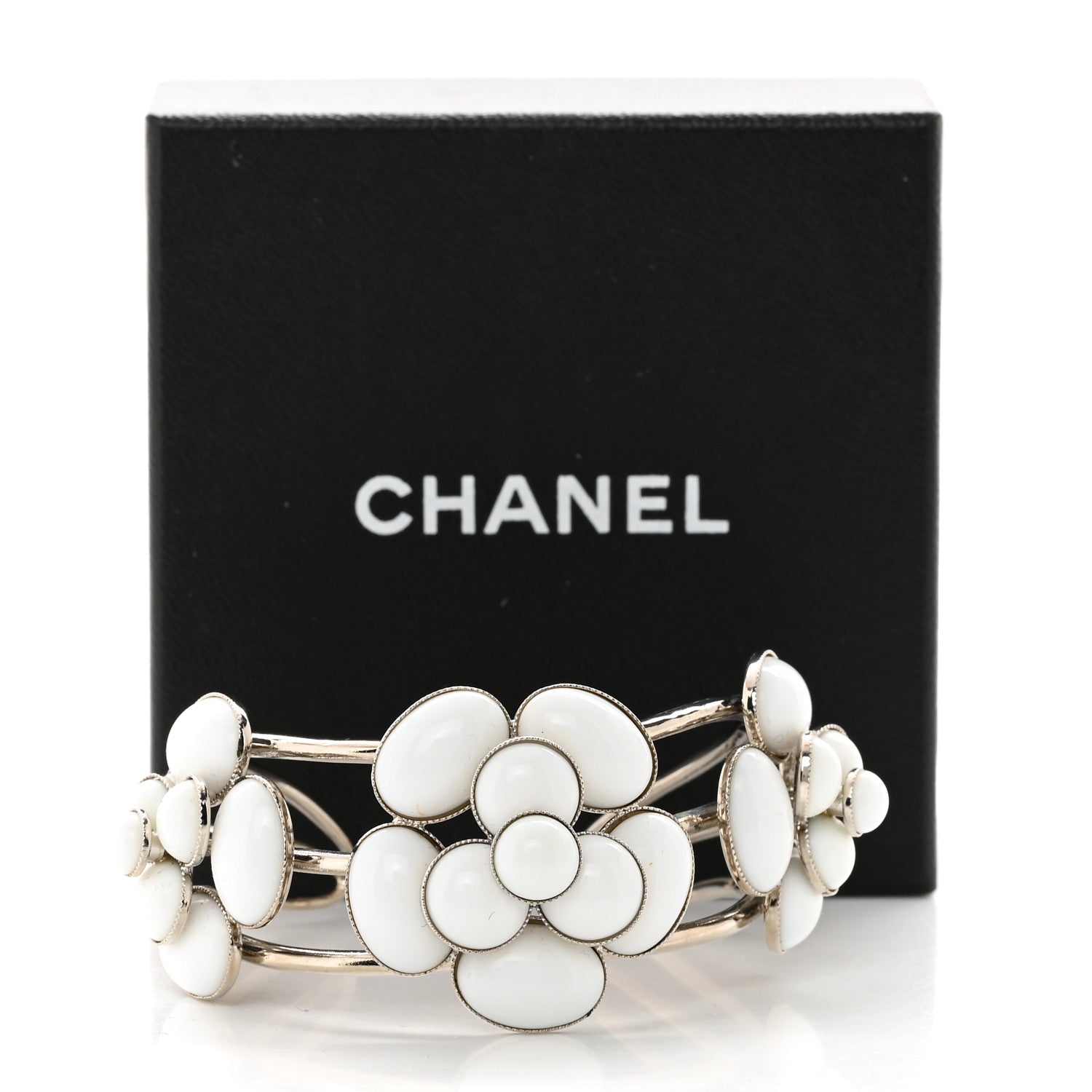 Chanel Metal Enamel Camellia CC Bracelet Silver White 5 of 5