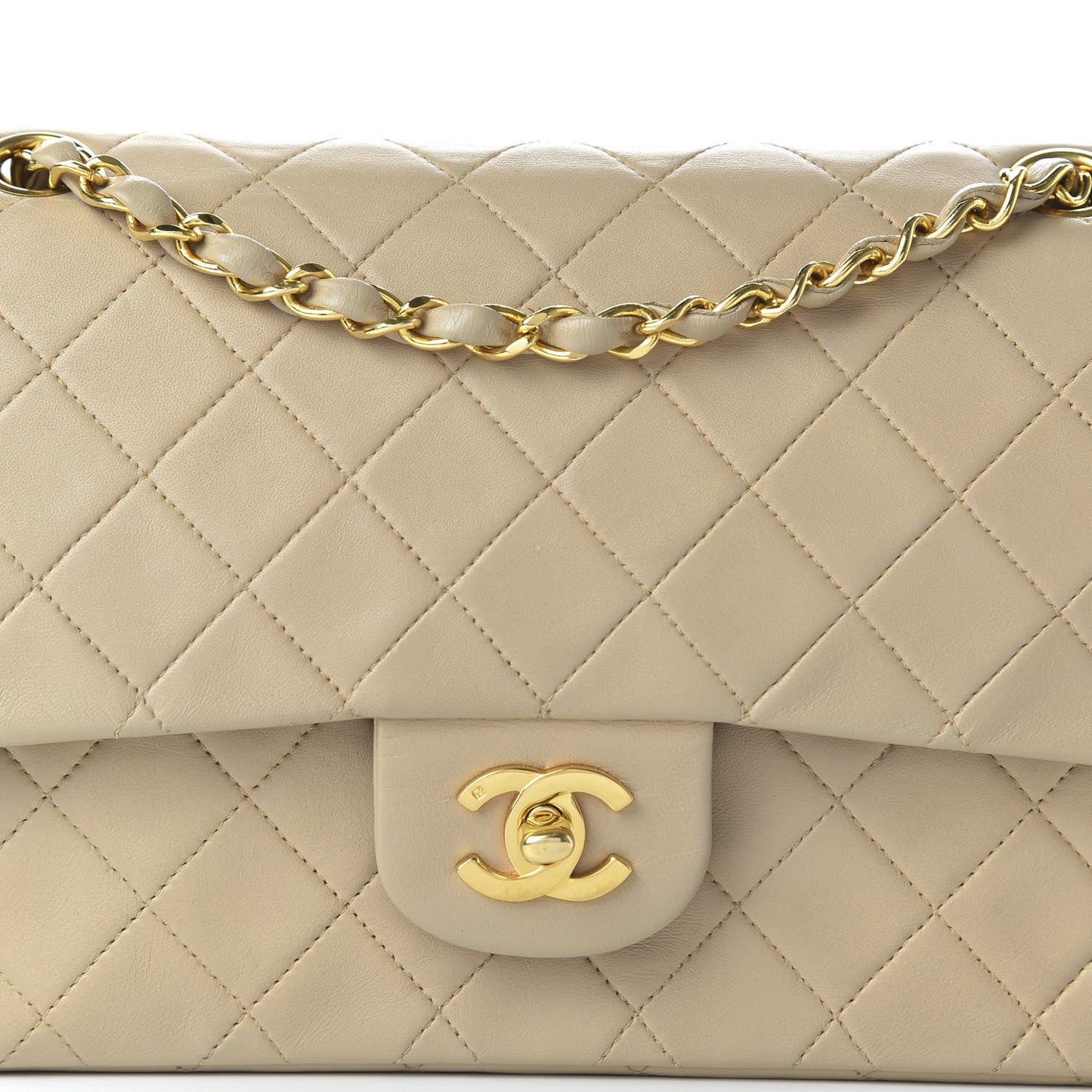 Lambskin Quilted Medium Double Flap Beige