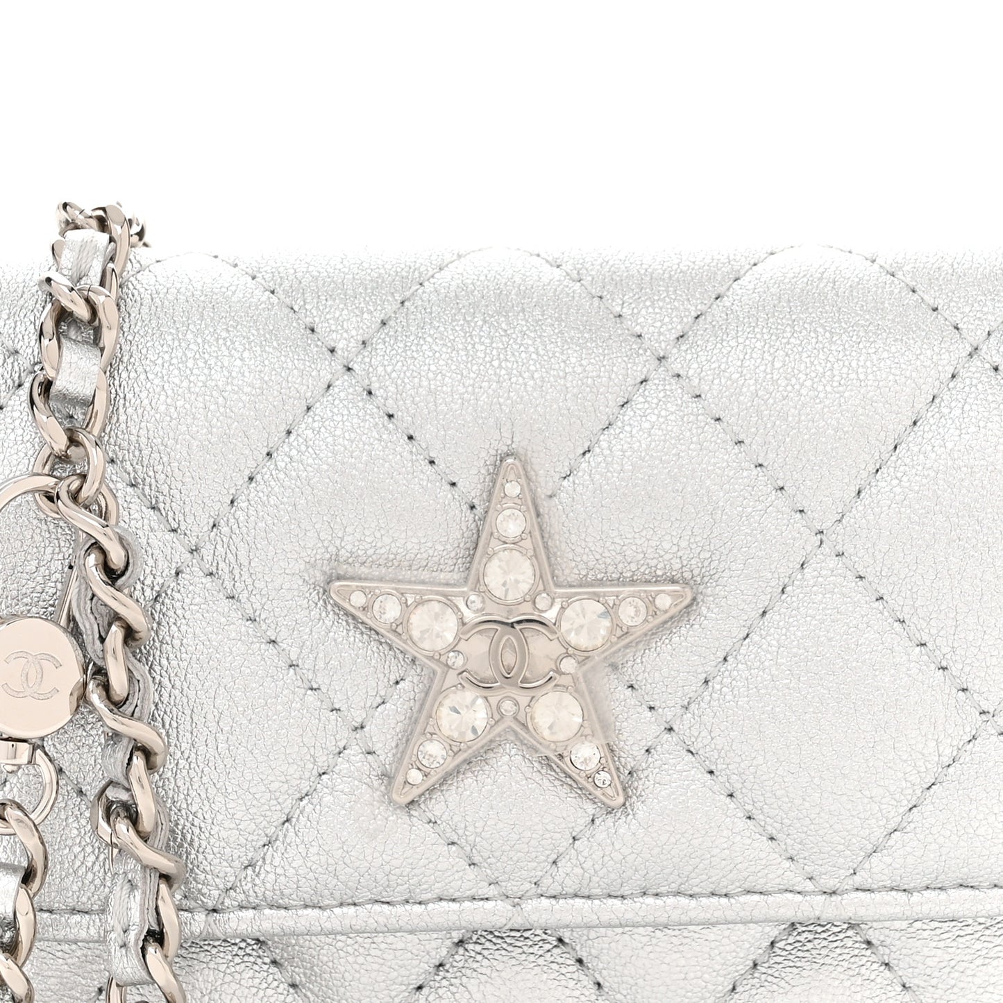 Metallic Goatskin Quilted Star Flap Waist Belt Bag Silver