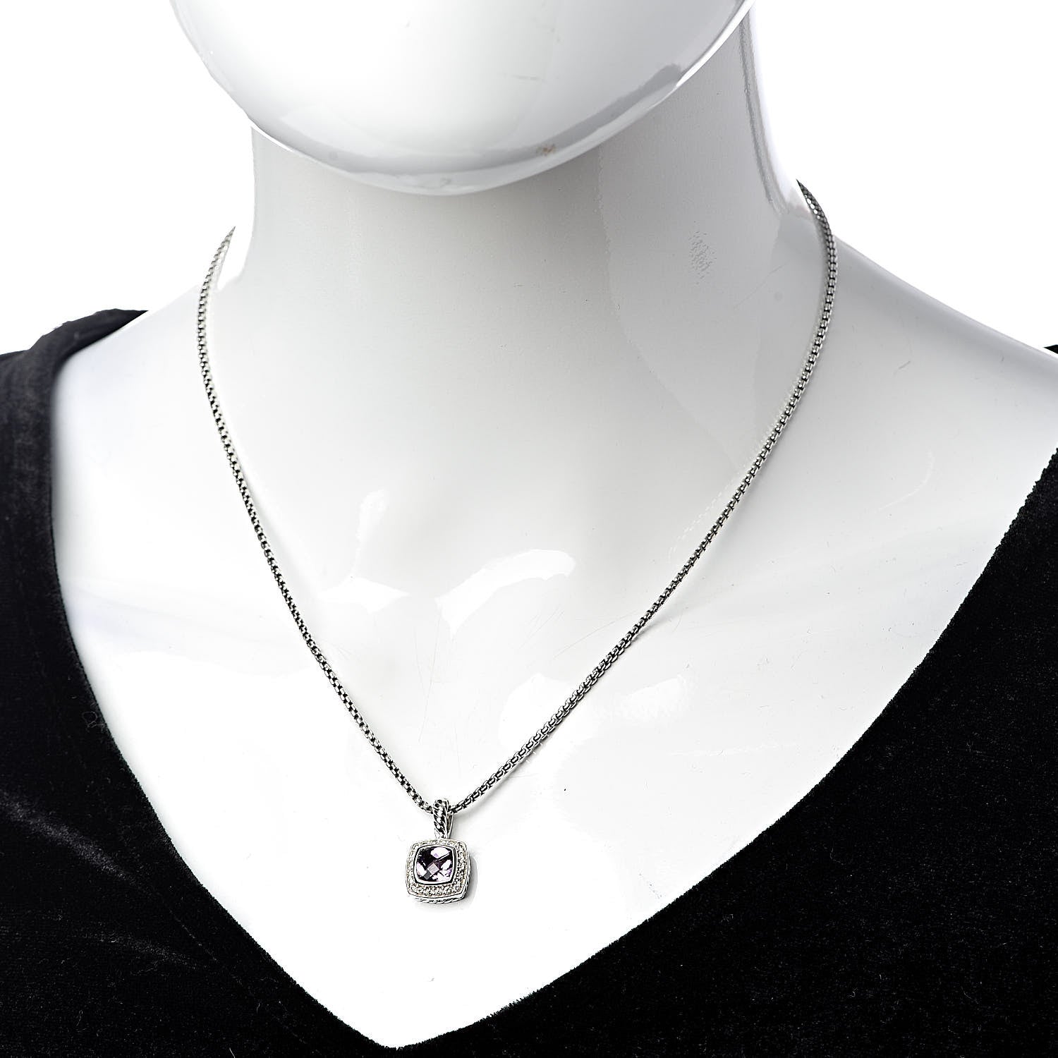 David Yurman Sterling Silver Diamond Amethyst 7mm Petite Albion Pendant Necklace 2 of 7