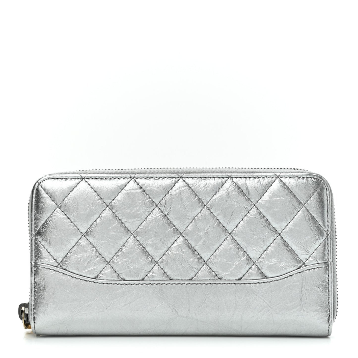 Metallic Aged Calfskin Quilted Large Gabrielle Zip Around Wallet Silver