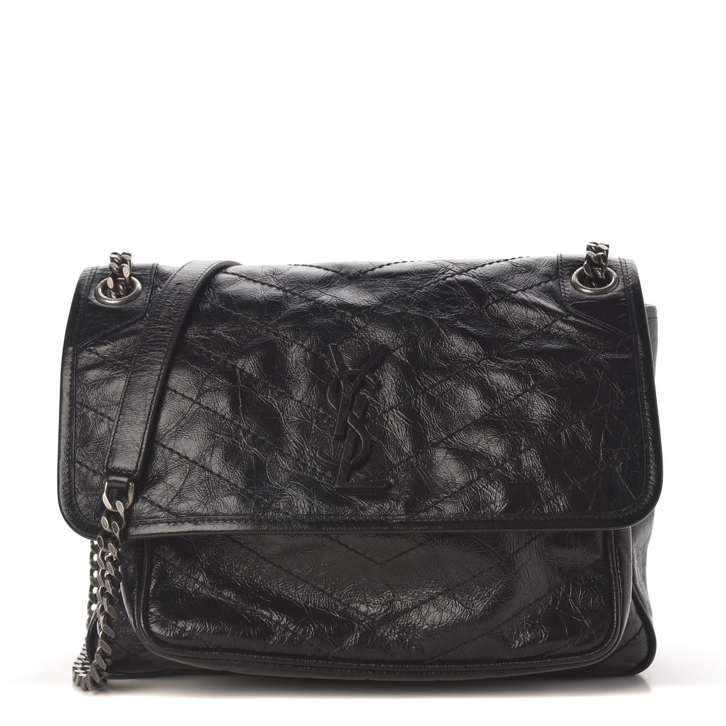 Crinkled Calfskin Matelasse Monogram Medium Niki Chain Satchel Black