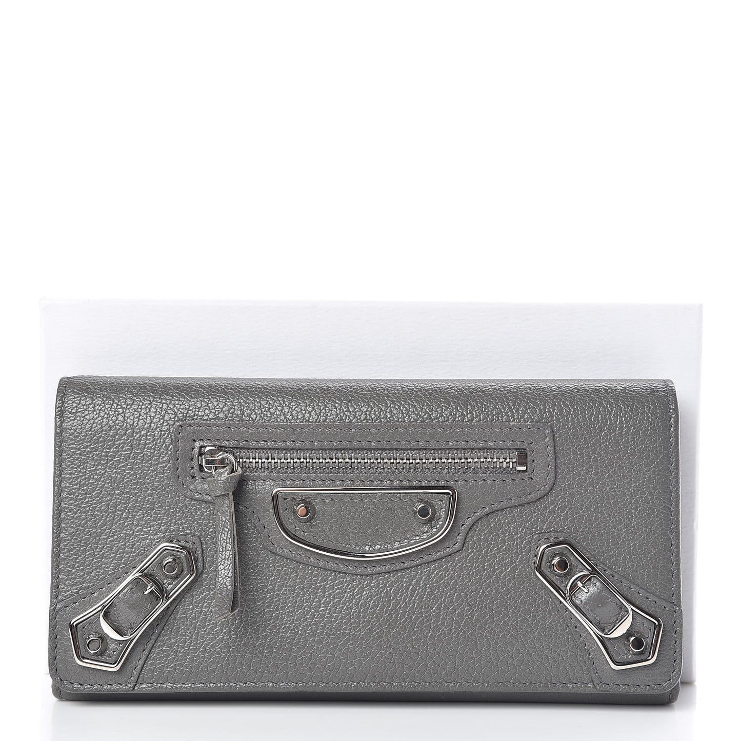 Chevre Silver Metallic Edge Hardware Money Wallet Gris Acier