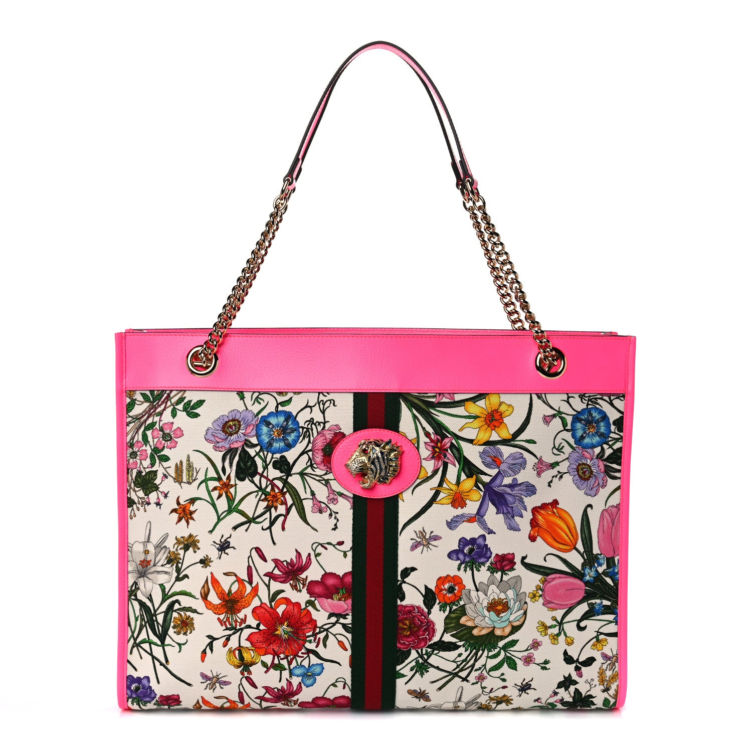 Gucci Canvas Flora Large Rajah Chain Tote White Multicolor Fuxia Fluo 2 of 10