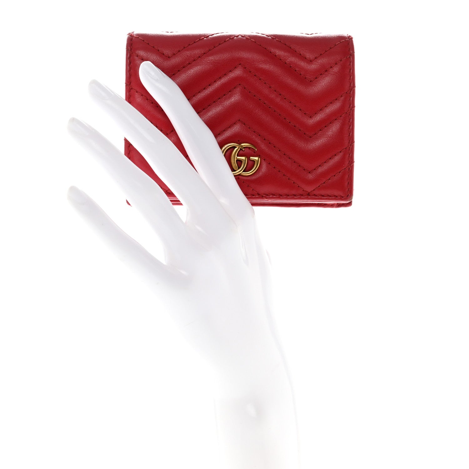 Gucci Calfskin Matelasse GG Marmont Card Case Wallet Hibiscus Red 2 of 8
