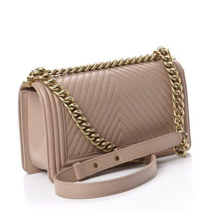 Chanel Lambskin Chevron Chain Stitched Medium Boy Flap Beige 3 of 12