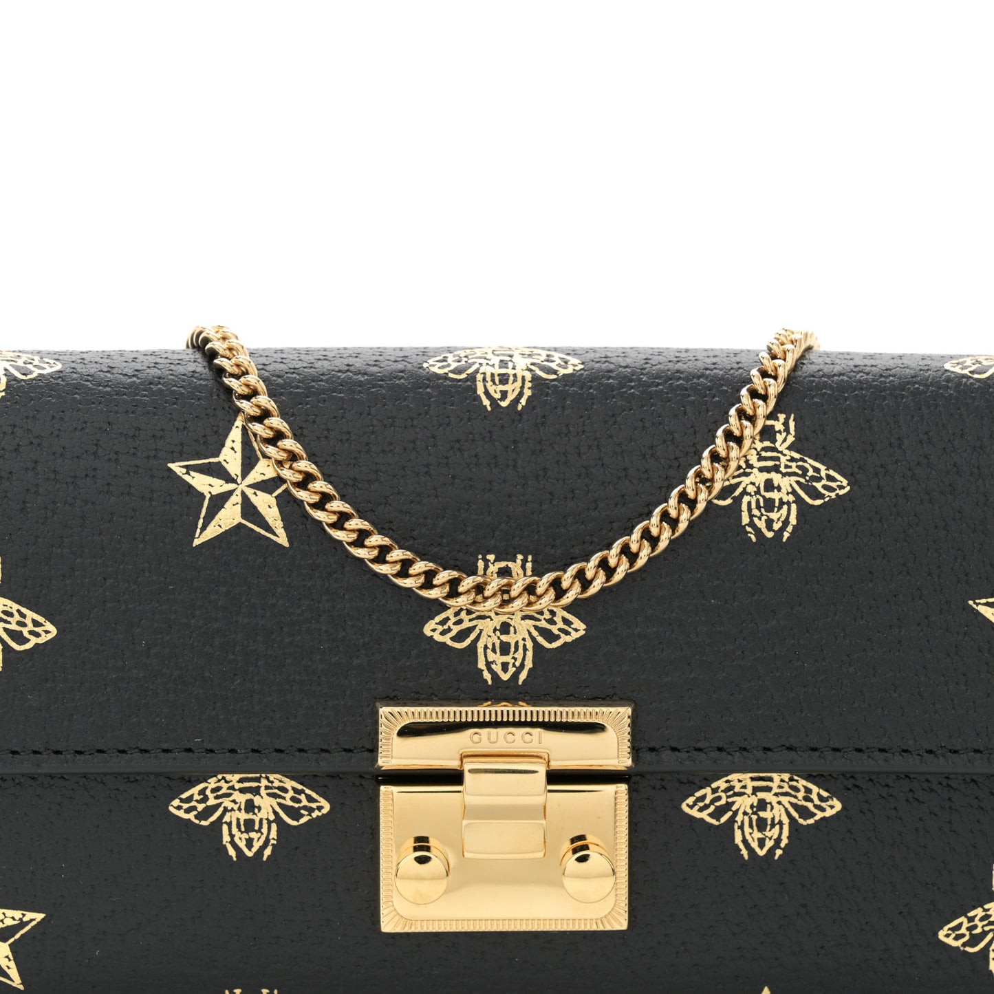 Grained Calfskin Bee Star Continental Chain Wallet Black