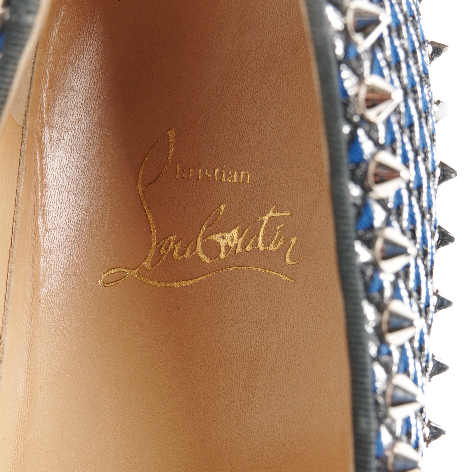Christian Louboutin Glitter Pyramide Womens Pik Boat Flats 37 Navy Silver 8 of 11