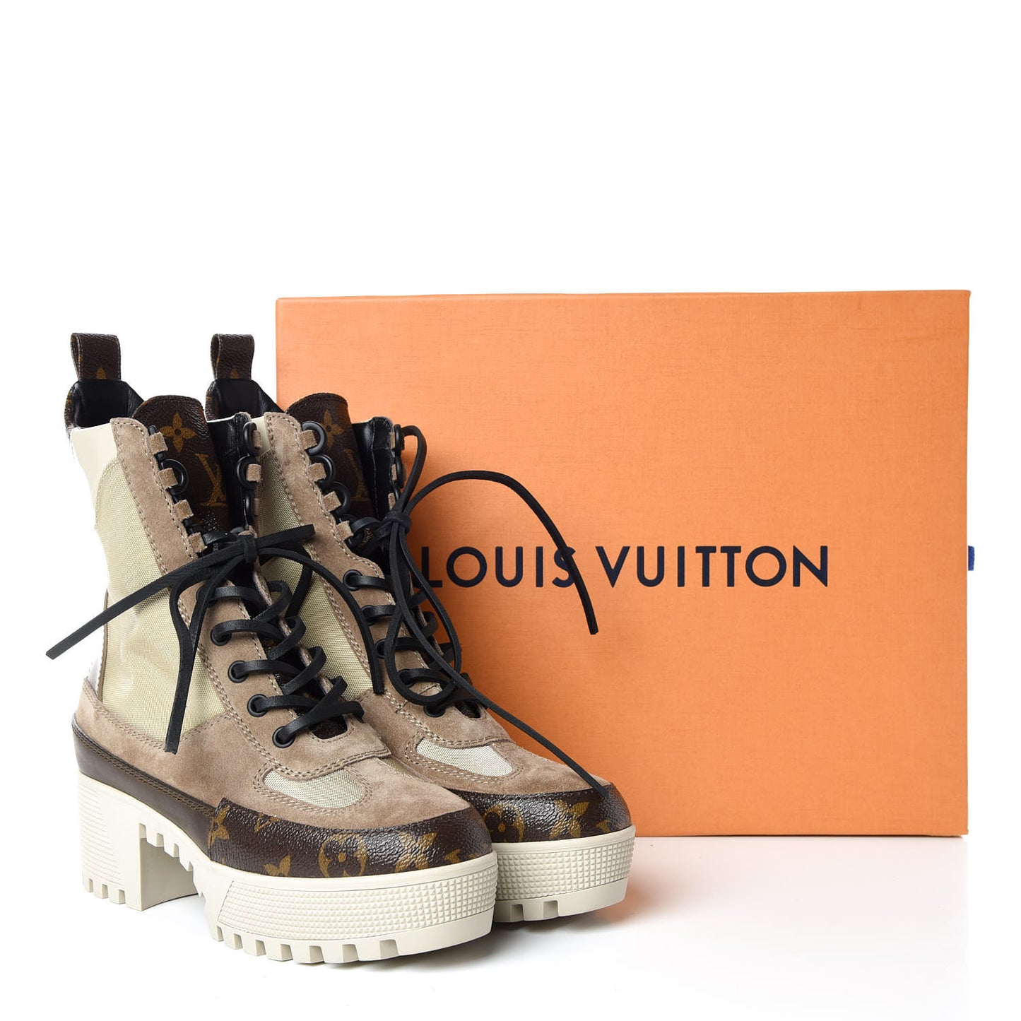 Suede Calfskin Monogram Laureate Platform Desert Boots 35 Beige