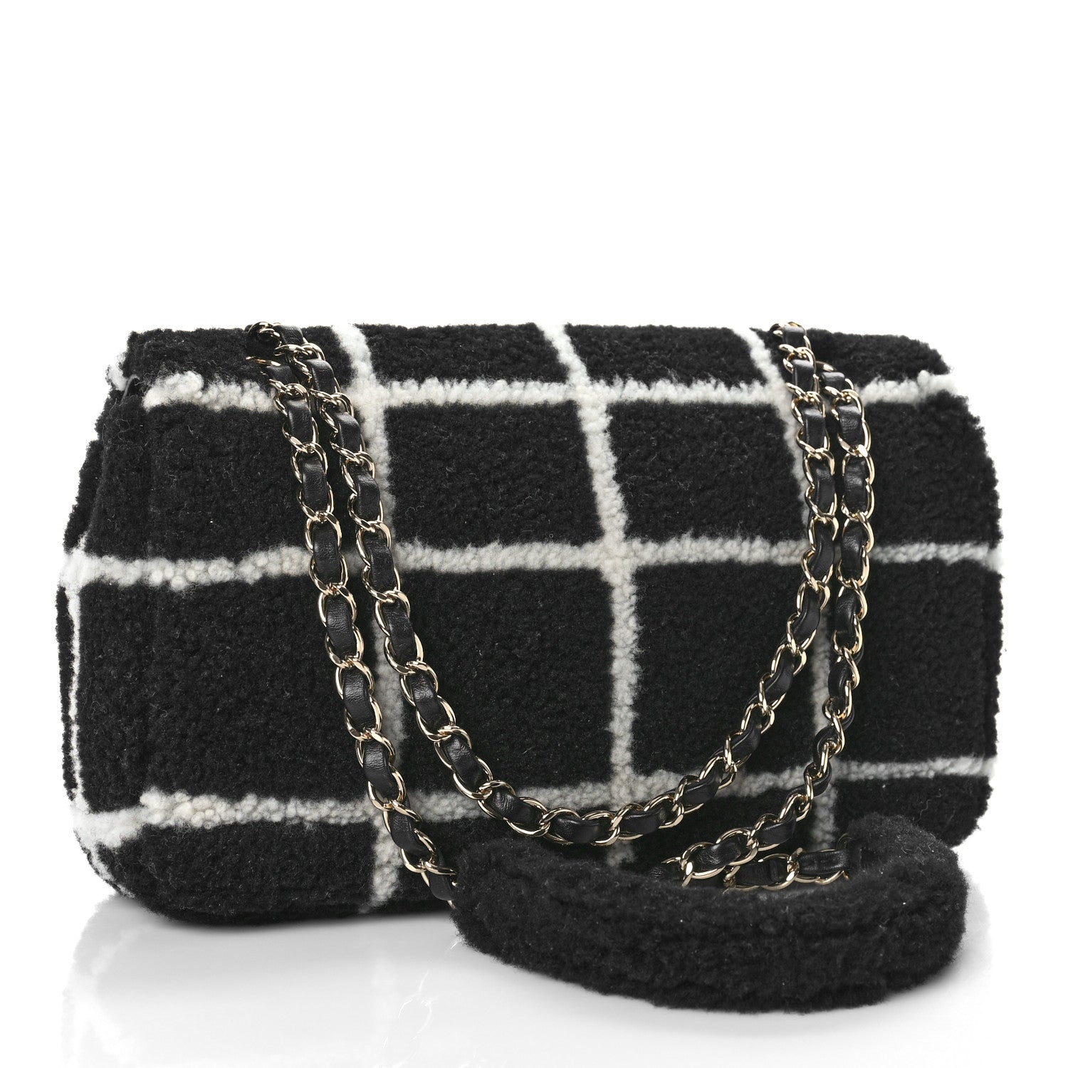 Chanel Shearling Lambskin Large Fluffy Tartan Single Flap Black White 3 of 9