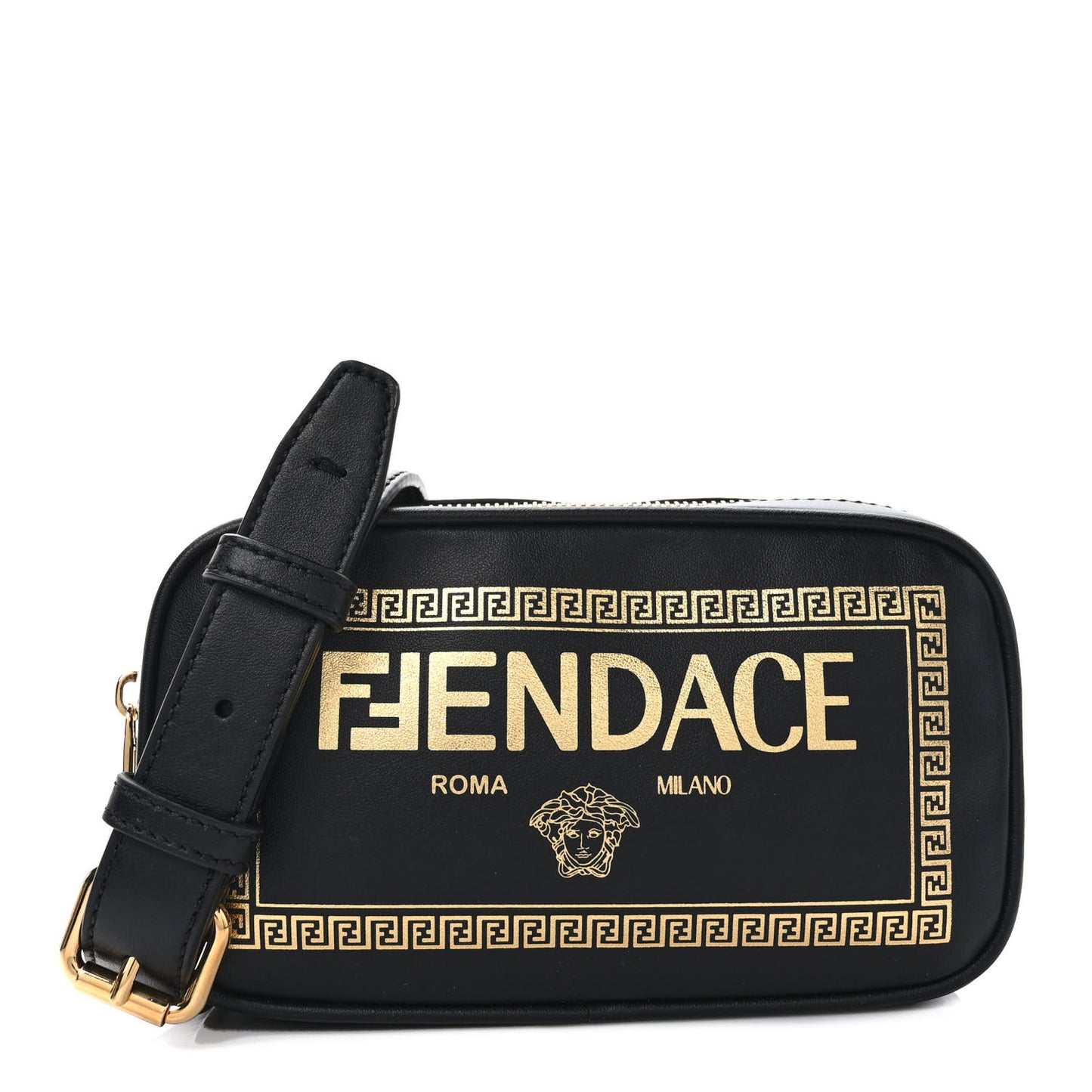 X VERSACE Vitello Cover Fendace Medusa Small Camera Case Black Gold