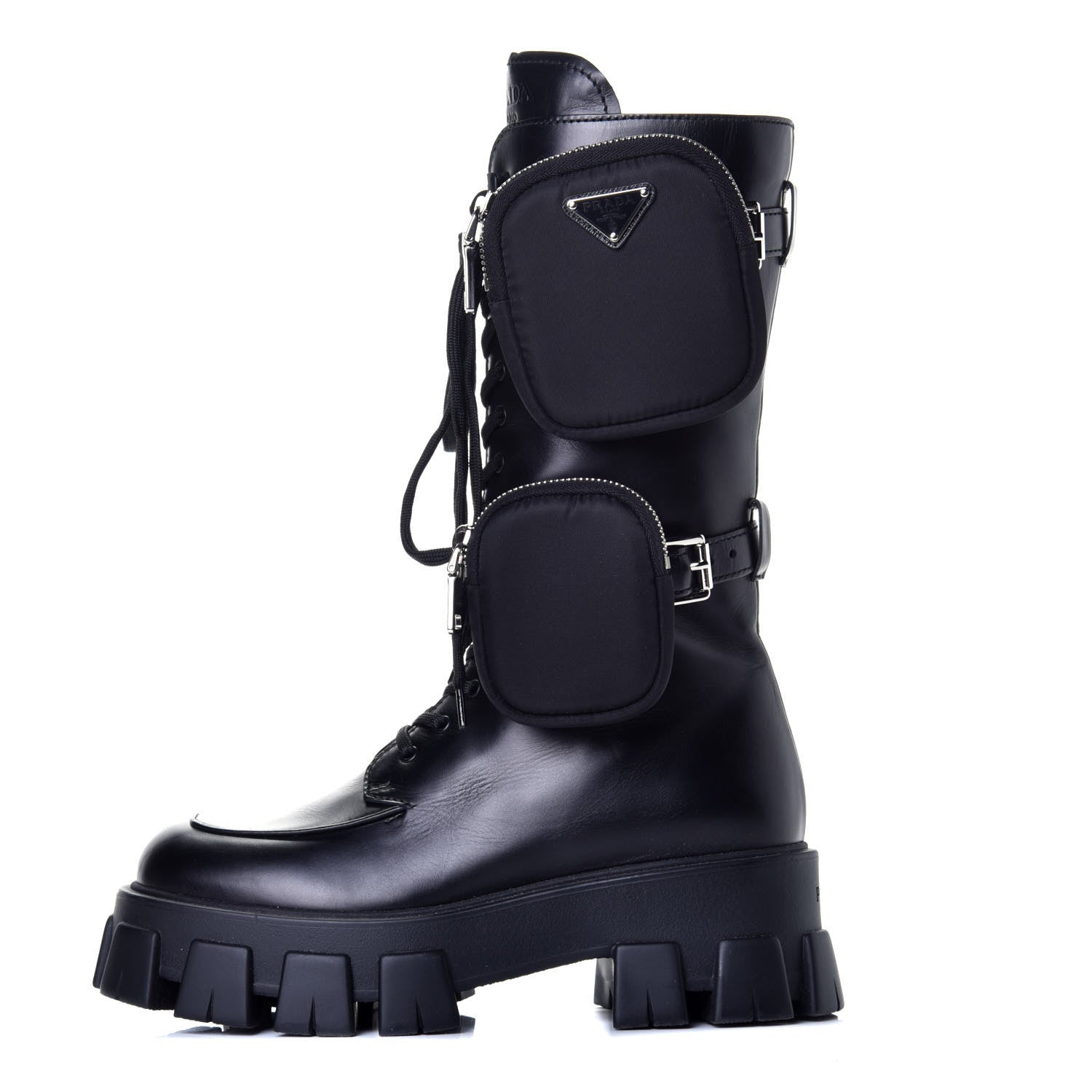 Prada Vitello Lux Nylon Metal Triangle Logo Monolith Pouch Pocket 55mm Tall Combat Boots Black 1 of 7