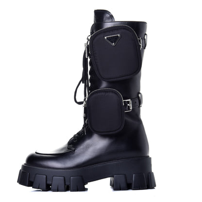 Prada Vitello Lux Nylon Metal Triangle Logo Monolith Pouch Pocket 55mm Tall Combat Boots Black 1 of 7