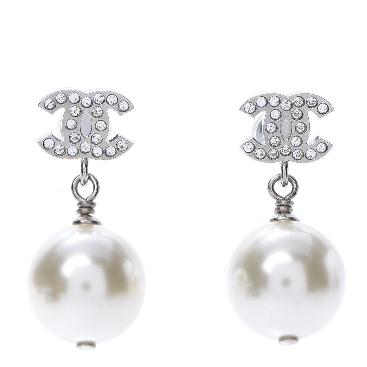 Crystal Pearl CC Drop Earrings Silver