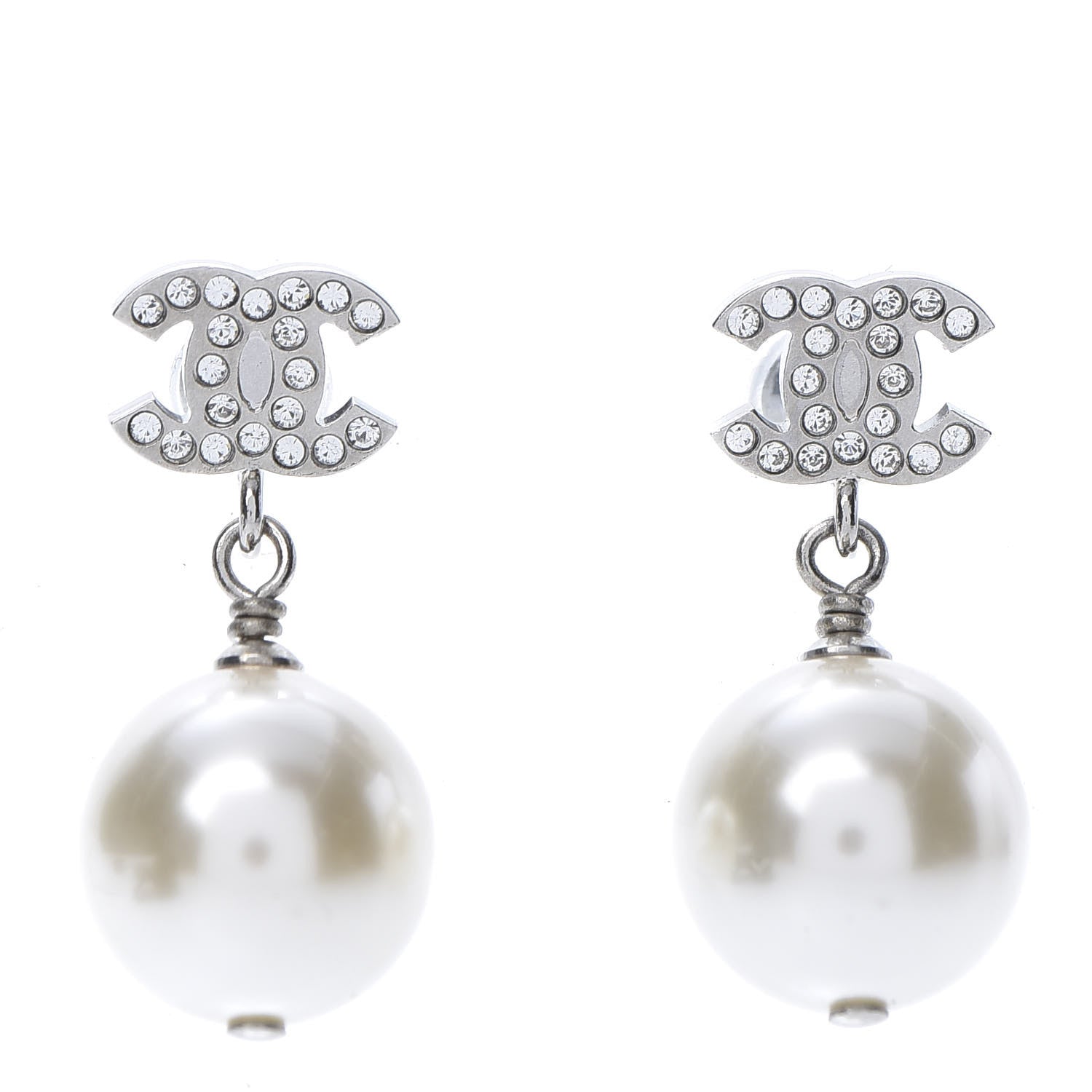 Chanel Crystal Pearl CC Drop Earrings Silver 1 of 5