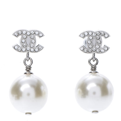 Chanel Crystal Pearl CC Drop Earrings Silver 1 of 5