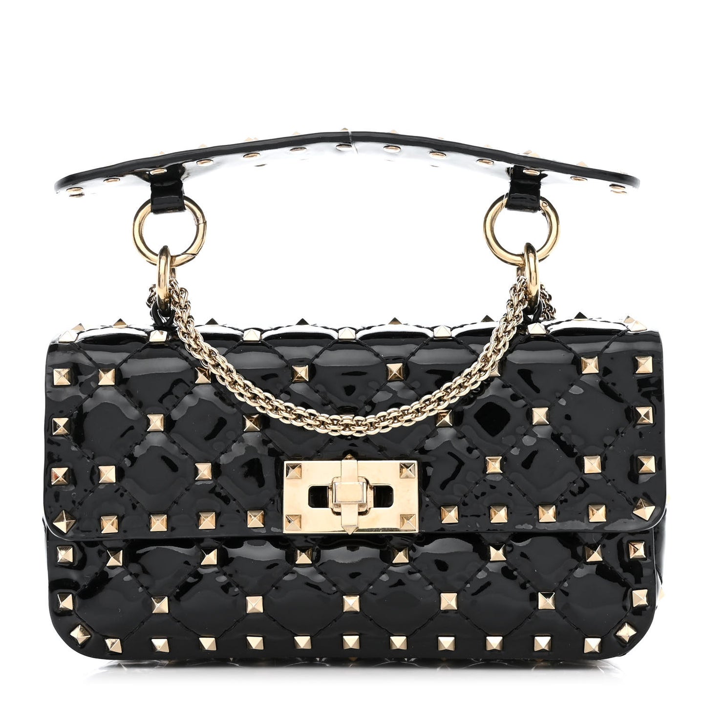 Patent Small Rockstud Spike Shoulder Bag Black