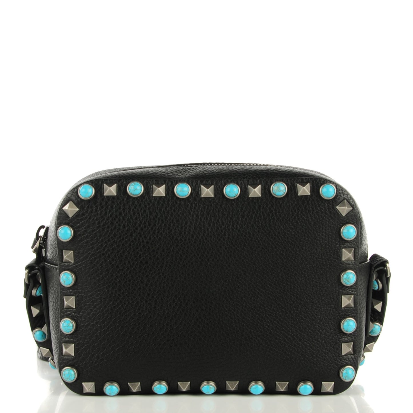 Grained Calfskin Turquoise Rockstud Rolling Camera Crossbody Bag Black