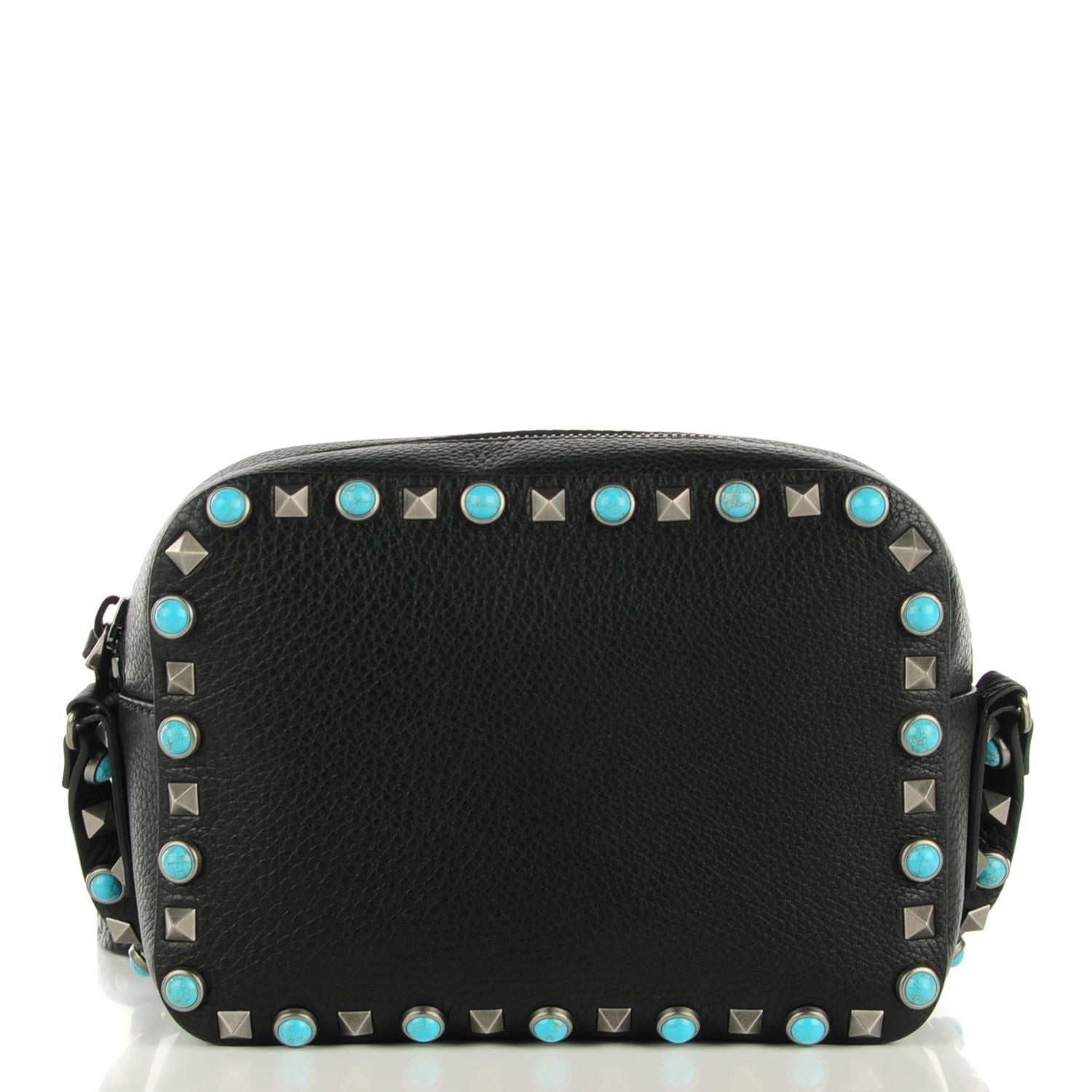 Valentino Garavani Grained Calfskin Turquoise Rockstud Rolling Camera Crossbody Bag Black 1 of 7