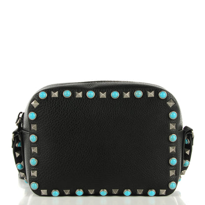 Valentino Garavani Grained Calfskin Turquoise Rockstud Rolling Camera Crossbody Bag Black 1 of 7