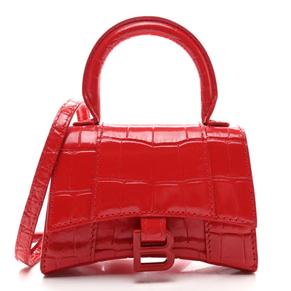 Balenciaga Shiny Calfskin Tonal B Crocodile Embossed Hourglass Top Handle Bag Mini Bright Red 1 of 10