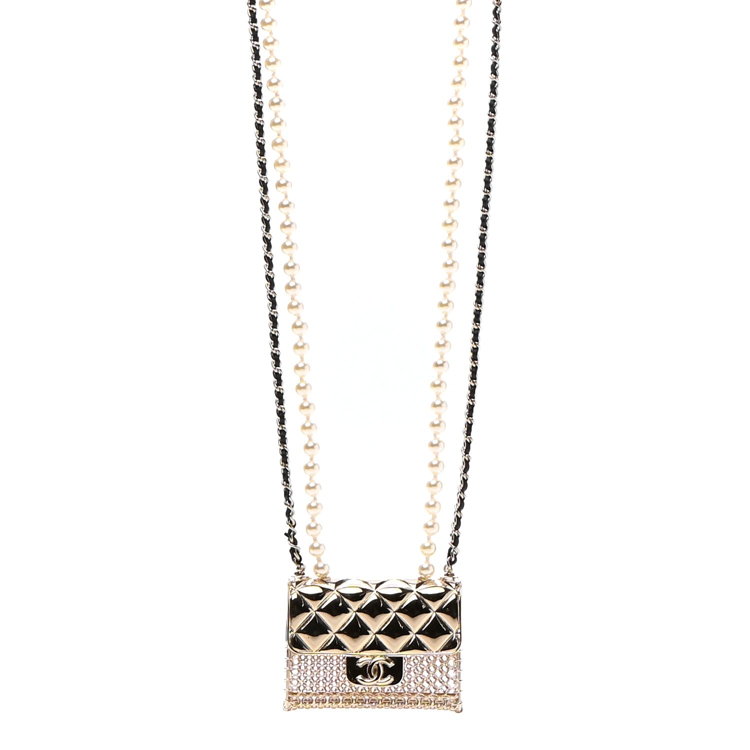 Chanel Metal Lambskin Pearl Chain Flap Bag Long Necklace Gold Black Pearly White 1 of 6