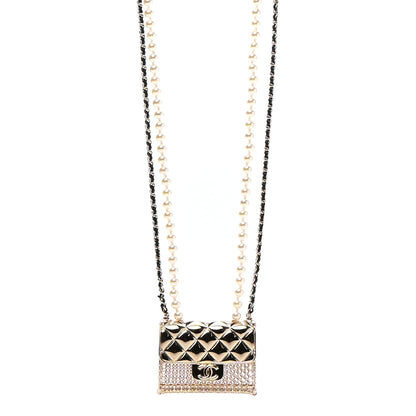 Chanel Metal Lambskin Pearl Chain Flap Bag Long Necklace Gold Black Pearly White 1 of 6