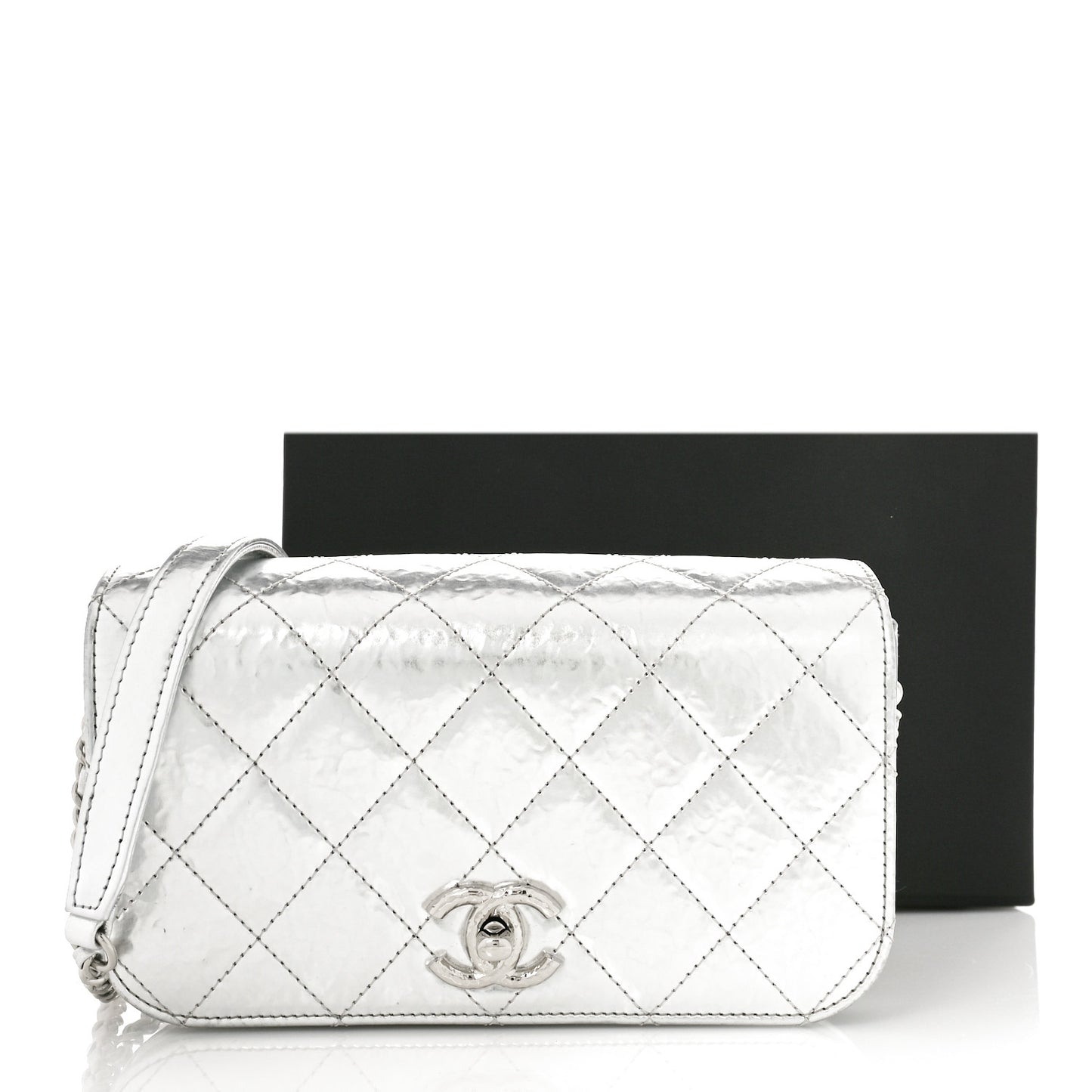 Hammered Metallic Calfskin Quilted Flap Silver