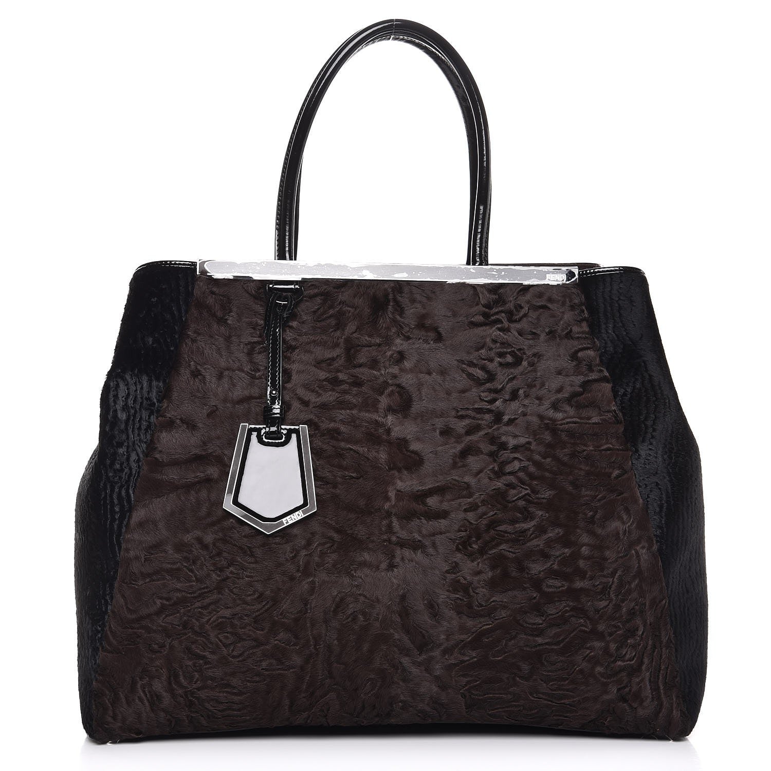 Fendi Astrakhan Shearling Patent Large 2Jours Tote Brown Black 1 of 10