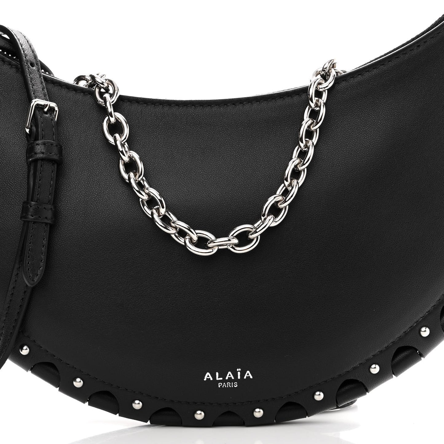 Calfskin Studded Chain Demi Lune Bag Black
