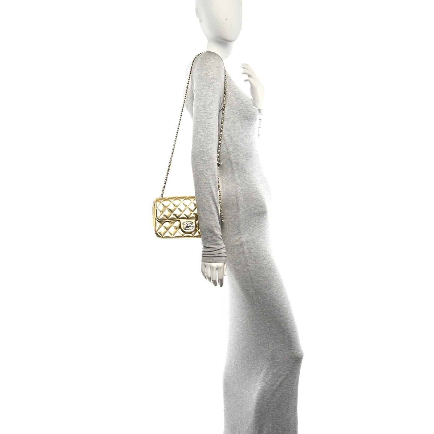 Metallic Lambskin Quilted Mini Rectangular Pearl Crush Flap  Gold