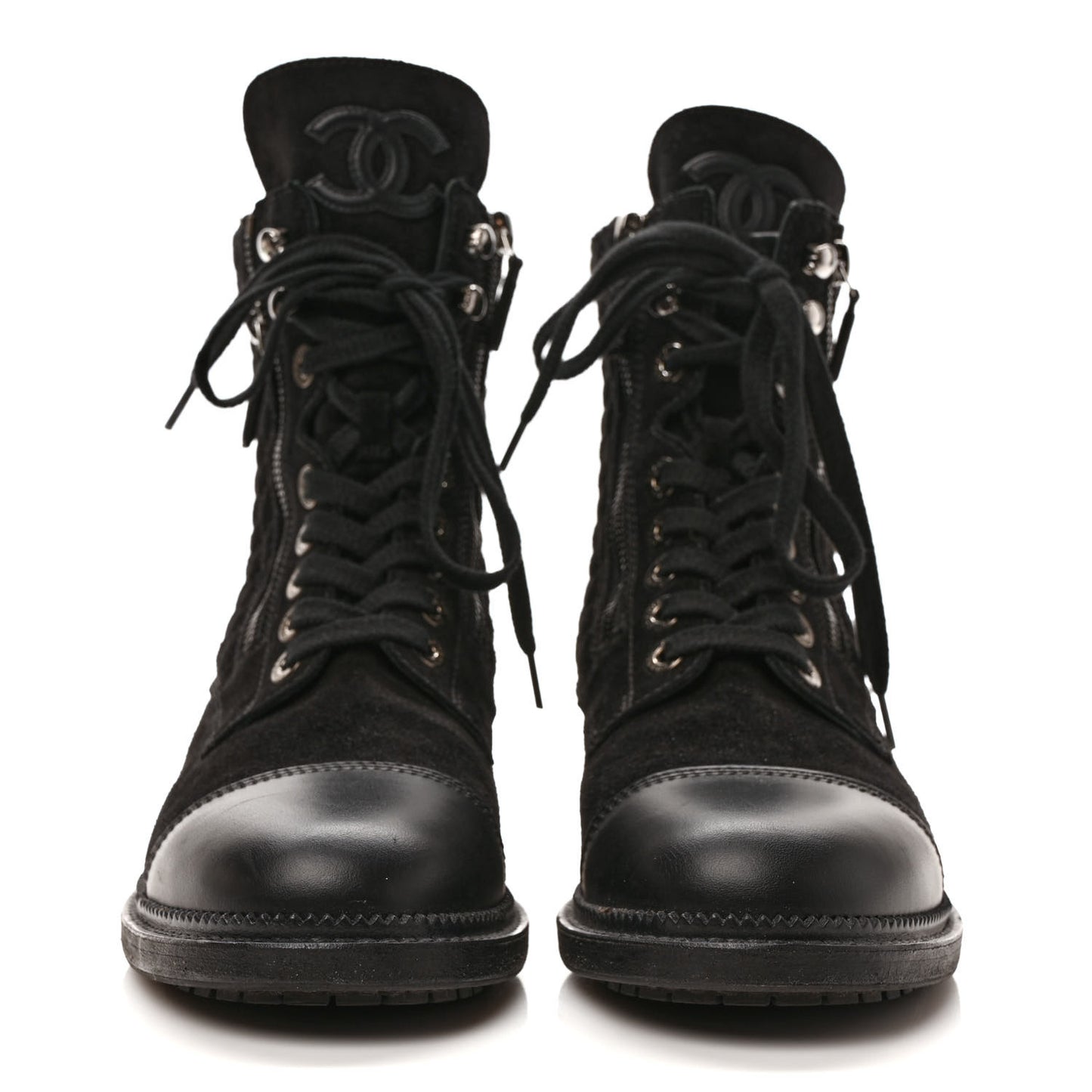 Suede Quilted CC Lace Up Combat Boots 39 Black