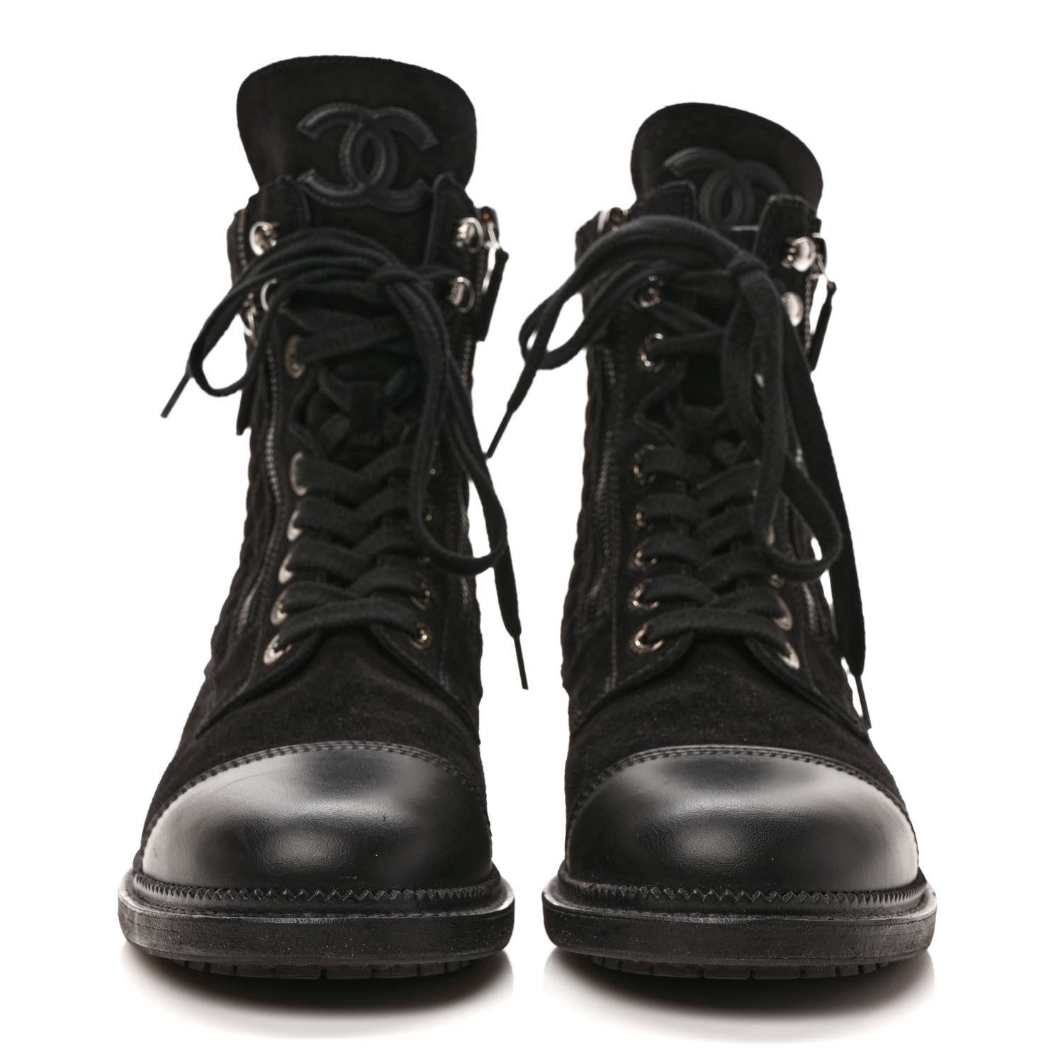 Chanel Suede Quilted CC Lace Up Combat Boots 39 Black 2 of 8