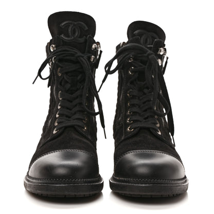 Chanel Suede Quilted CC Lace Up Combat Boots 39 Black 2 of 8
