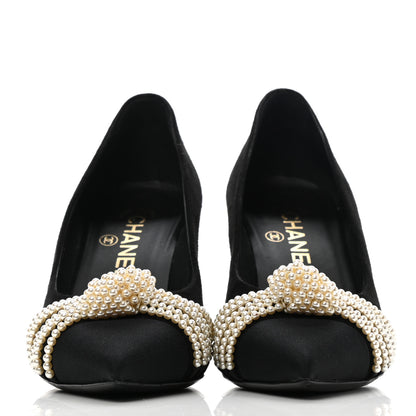 Chanel Suede Pearl Grosgrain Pumps 38 Black 2 of 10