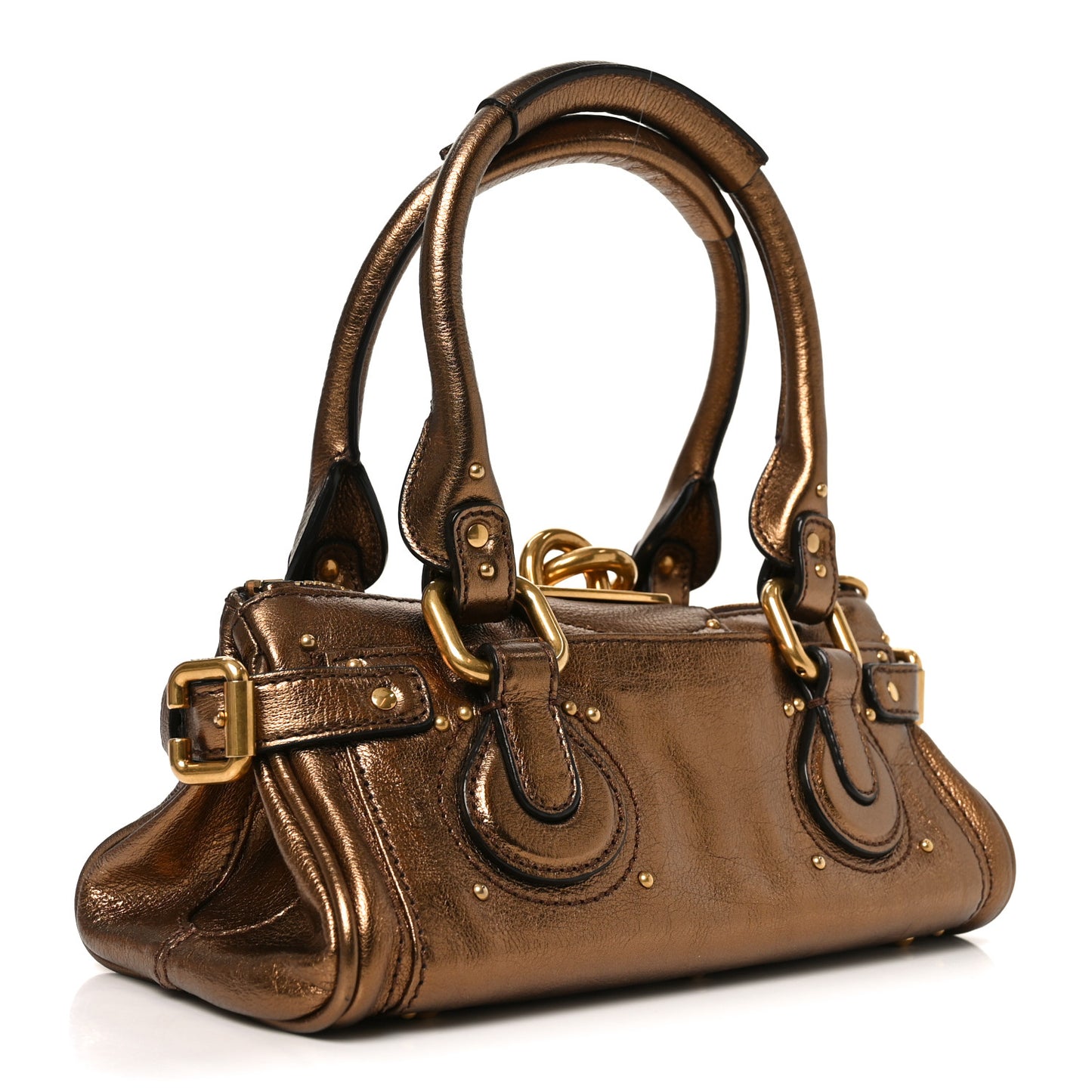 Metallic Calfskin Small Paddington Satchel Golden Brown