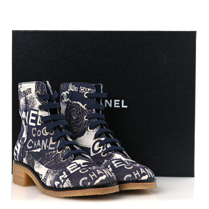 Chanel Suede Calfskin Printed CC 31 Rue Cambon Lace Up Combat Boots 39.5 White Navy 12 of 12